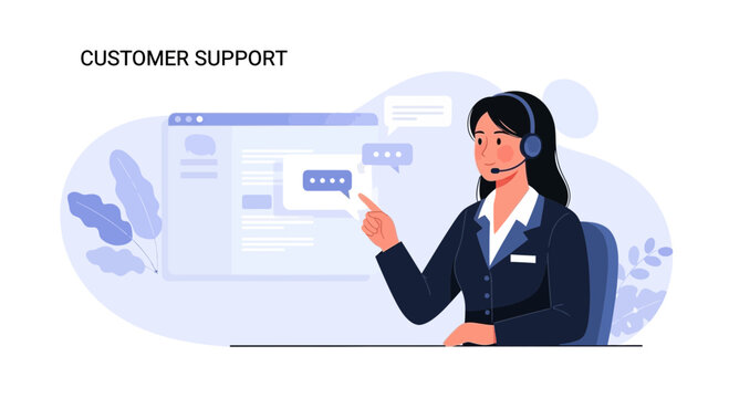 Customer Support Representative with Headset, Online Chat and Communication