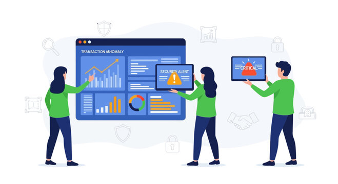 Cybersecurity Team Analyzing Transaction Anomalies and Security Alerts on Screens