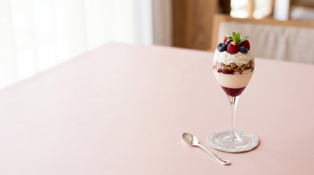 An elegant caf&eacute; dessert composition featuring a parfait glass paired with a tiny silver spoon.
Blush pink tones and high-key natural lighting create a bright luxurious atmosphere.