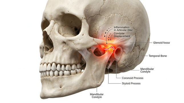 Human Skull Highlighting Jaw Pain and TMJ Inflammation