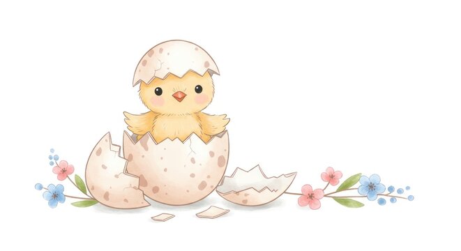 A cute yellow chick emerges from a cracked eggshell surrounded by flowers and leaves in a garden.