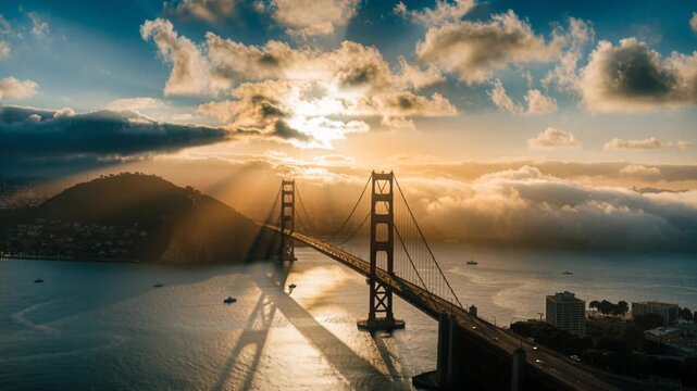 Golden bridge sunrise sunbeam over cloud and sea bay landscape landmark morning light over calm bay with sea cloud sunbeam landscape landmark sunrise