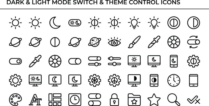 Dark and light mode switch outline icon set with theme control, display settings and interface customization symbols