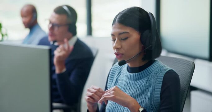 Consultant, telemarketing and woman with headset in call center, talk or communication with contact. Coworking, business and people with computer for lead generation, discussion and explaining offer