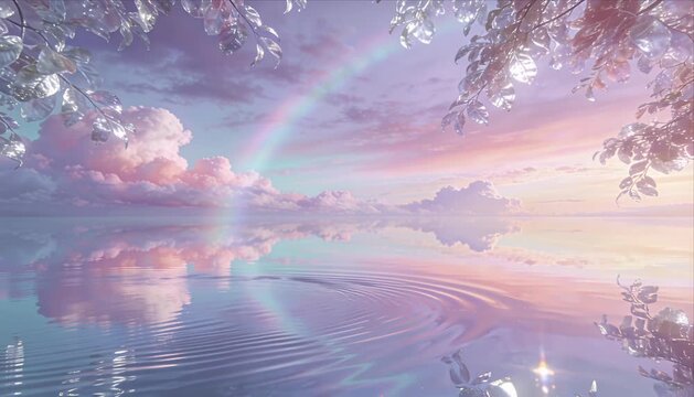 Pastel sky rainbow reflection magnifica tranquil water smooth surface serene cloud dreamy landscape magical fantasy nature escape surreal lake ethereal light calm scene over perfectly still reflect