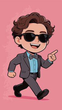 Stylish Chibi Gentleman Walking and Pointing with Sunglasses