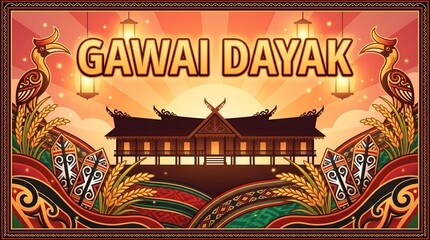 Naklejka premium Gawai dayak celebration illustration with traditional longhouse and hornbill birds