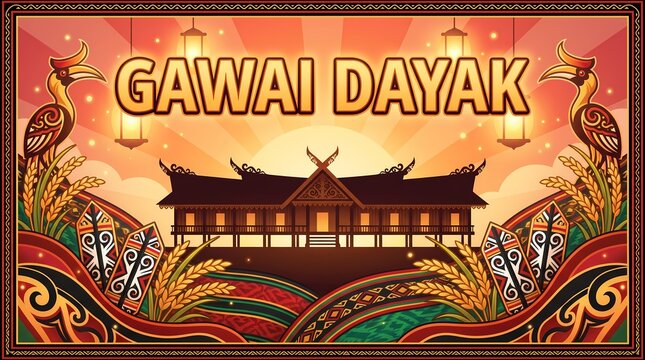 Gawai dayak celebration illustration with traditional longhouse and hornbill birds