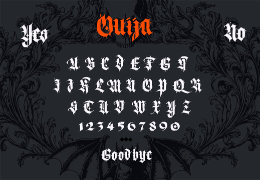 Mystical  board design featuring a sharp gothic blackletter font. Perfect for occult branding, spirit board layouts, tattoo art, and dark vintage packaging. Includes a full medieval alphabet.