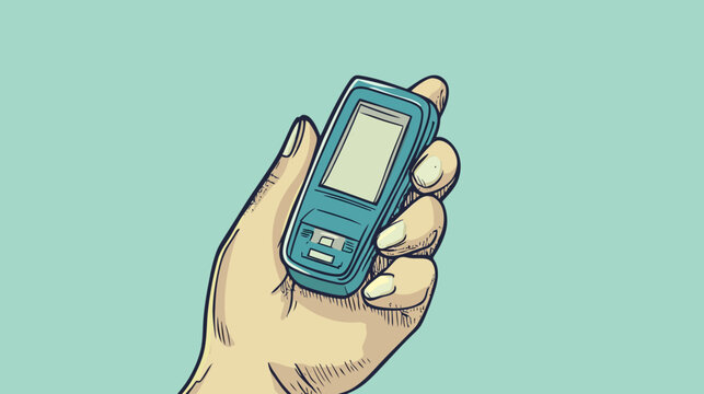 Hand holding a vintage blue mobile phone with a small screen