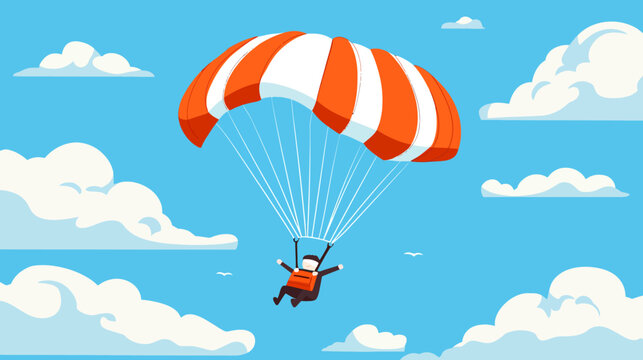 An animated character with parachute gliding through sky with clouds
