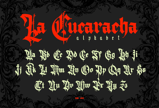 Gothic, English alphabet. Vector. Medieval Latin letters and numbers. Signs and symbols for tattoos. Ancient European style. Calligraphy and lettering. Separate uppercase and lowercase letters.