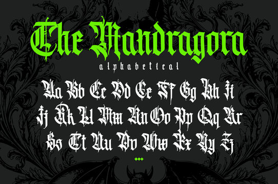 Modern Gothic, full English alphabet. Vector. Medieval uppercase and lowercase Latin letters. Signs and symbols for design. Ancient European style. Calligraphy and lettering. Numbers.