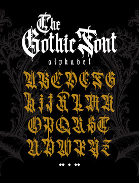 Gothic. Vector. Uppercase and lowercase letters on a black background. Beautiful and stylish calligraphy. Beautiful European font for tattoo. Medieval modern style. Letters and numbers.
