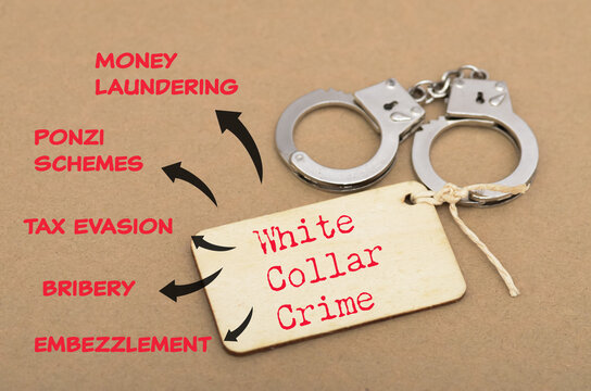 White collar crime concept with handcuffs and illegal activities list