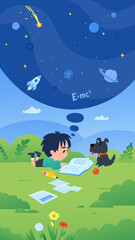 Naklejka premium Little boy lying on the grass reading a book and dreaming about space and science. Vector illustration of a child with a dog, imagination bubble with a rocket, planets, and physics formulas.