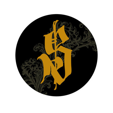 Golden gothic monogram in Old English lettering style on a dark floral background. Elegant vector logo for tattoo studios, clothing brands, rock music, and premium craft products.