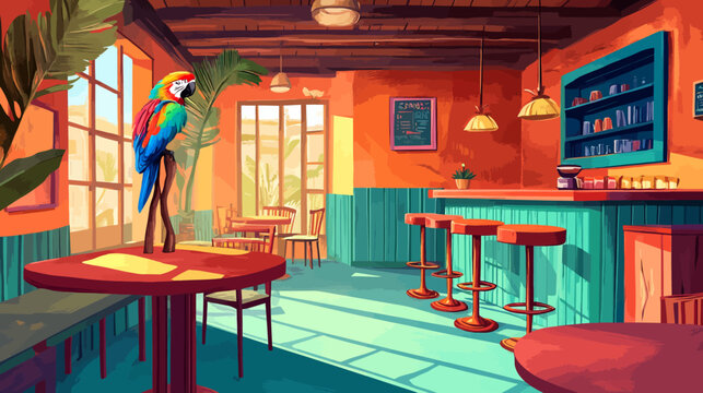 Bright, colorful caf? interior with tropical parrot on table
