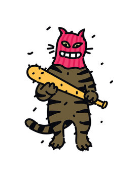 Edgy vector illustration of a tough tabby cat mascot holding a baseball bat. Gritty street style doodle for stickers, apparel design, and rebellious branding.