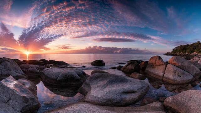 Sunset seascape rocky shore ocean sky cloud reflection tranquil colorful horizon panoramic pink and purple sky coastal landscape nature