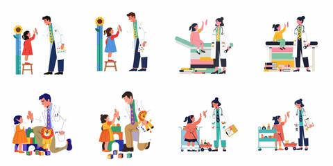 Fototapeta premium A collection of pediatric healthcare illustrations featuring male and female doctors interacting kindly with young children in various medical and play settings.