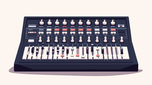 Digital illustration of a vintage electronic music synthesizer with knobs and sliders