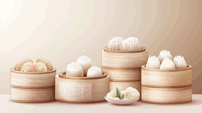 Assorted dim sum in bamboo steamers with a flower garnish