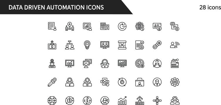 Data Driven Automation Outline Icon Set With Workflow Analytics Artificial Intelligence Integration And Business Process Symbols For Apps