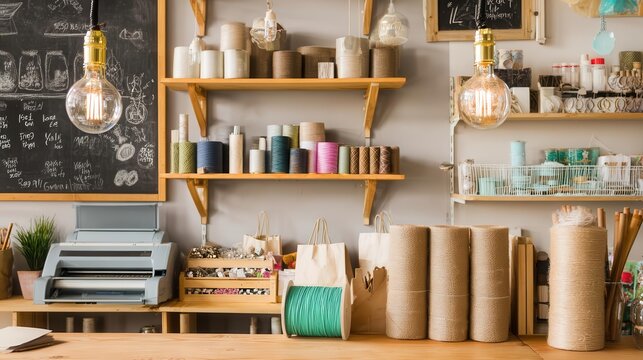 Rustic Craft Workshop with Shelves, Lighting, and Supplies