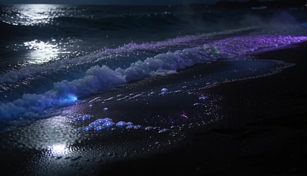 Bioluminescent wave glowing sea foam night beach dark ocean neon shoreline magical water fantasy seascape moonlight reflection sparkling bubble surreal nature scene luminous surf rolls over