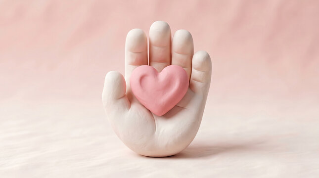 3D claymorphism style hand holding a pink heart icon