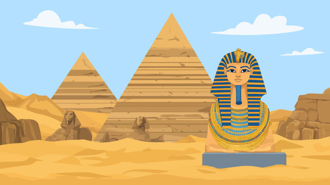 Egyptian scene featuring pyramids, sphinx and a painted bust