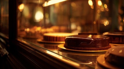 Obraz premium Delicious chocolate cake displayed in a glass cabinet with warm lighting creating a cozy atmosphere at a bakery or dessert shop