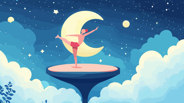 Cartoon female ballet dancer on a floating platform under night sky