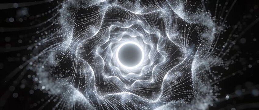 Abstract spiral tunnel particle swirl vortex digital wave white light glow cosmic energy futuristic motion dynamic flow modern art hypnotic background space galaxy depth