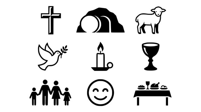 Christianity Icons Set: Cross, Empty Tomb, Lamb, Dove, Candle, Chalice, Family, Joy, Feast