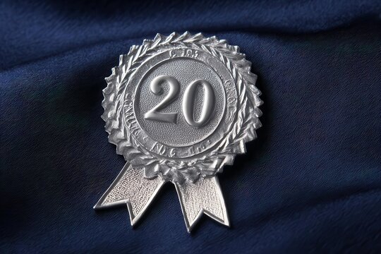 Silver 20th Anniversary Award Ribbon on Blue Fabric