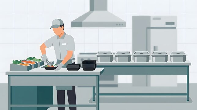 Kitchen Staff Serving Food: A cook in uniform prepares food in a professional kitchen, with various dishes laid out in chafing dishes ready for service.