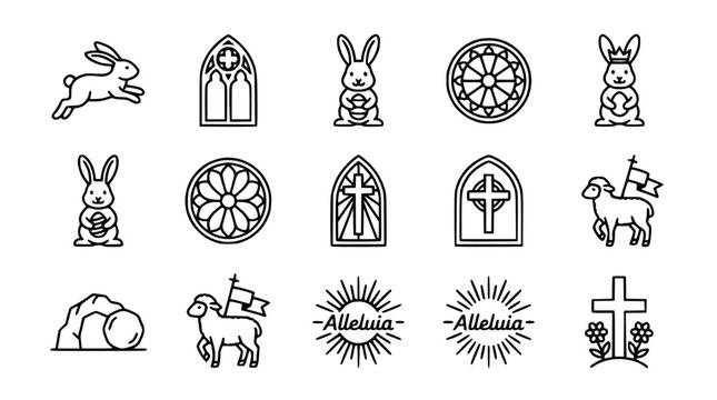 Easter Icons Set: Rabbits, Lambs, Crosses, Churches, Tombs, Alleluia, Rose Windows
