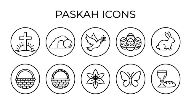 Easter Icons Set - Christian Holiday Symbols, Bunny, Eggs, Cross, Dove, Flower, Butterfly
