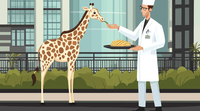 Veterinarian feeds a giraffe in an urban zoo setting