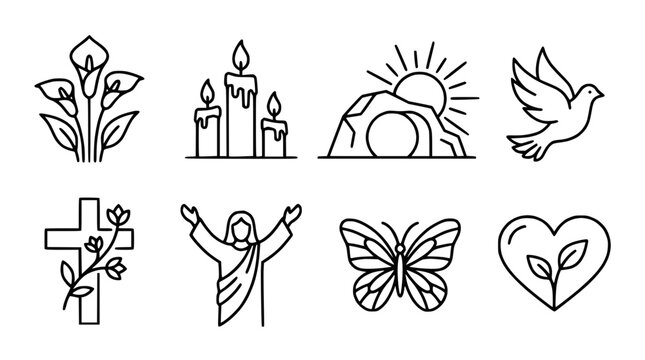 Easter Symbols Line Art Icons: Cross, Jesus, Empty Tomb, Lily, Candles, Dove, Butterfly, Heart