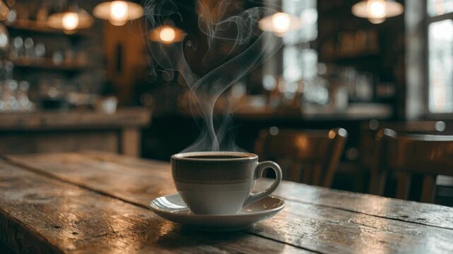 Warm coffee cup with heart steam on wooden table in cozy rustic cafe interior romantic hot drink warm light vintage style morning beverage