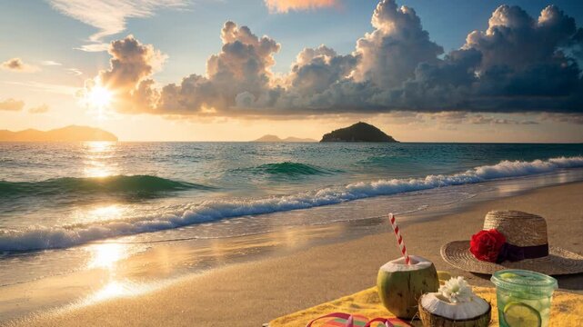 Tropical beach sunset ocean island horizon coconut drink straw hat flip flop summer vacation golden light sandy shore relaxation scene