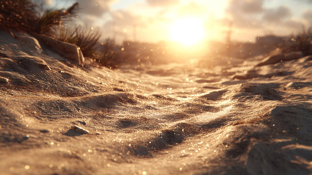 Sunlit sandy desert landscape at golden hour with soft focus textures sunlight landscape