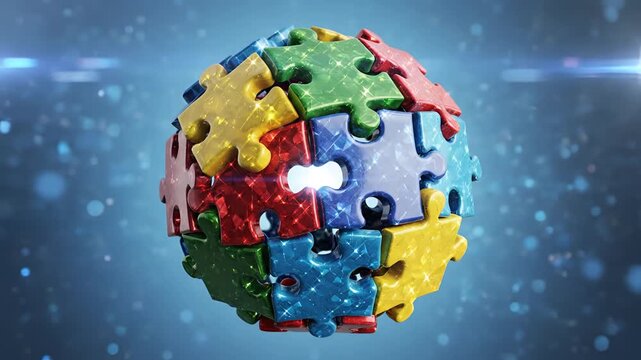 Colorful Puzzle Pieces Forming a Sphere in Abstract Space.