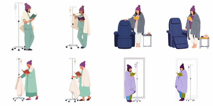 Set of vector illustrations depicting a female patient undergoing medical infusion therapy or chemotherapy while reading a book.