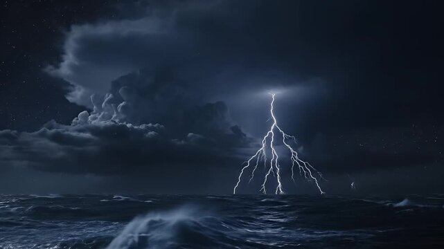 Dramatic Ocean Storm with Lightning Strikes and Crashing Waves.