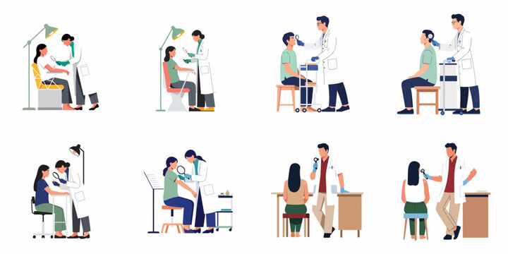 A set of flat vector illustrations showing dermatologists examining patients' skin and moles using a dermatoscope in a clinical setting.