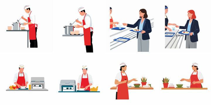 Flat vector illustrations of canteen staff serving meals to office workers in a modern corporate cafeteria or buffet restaurant.